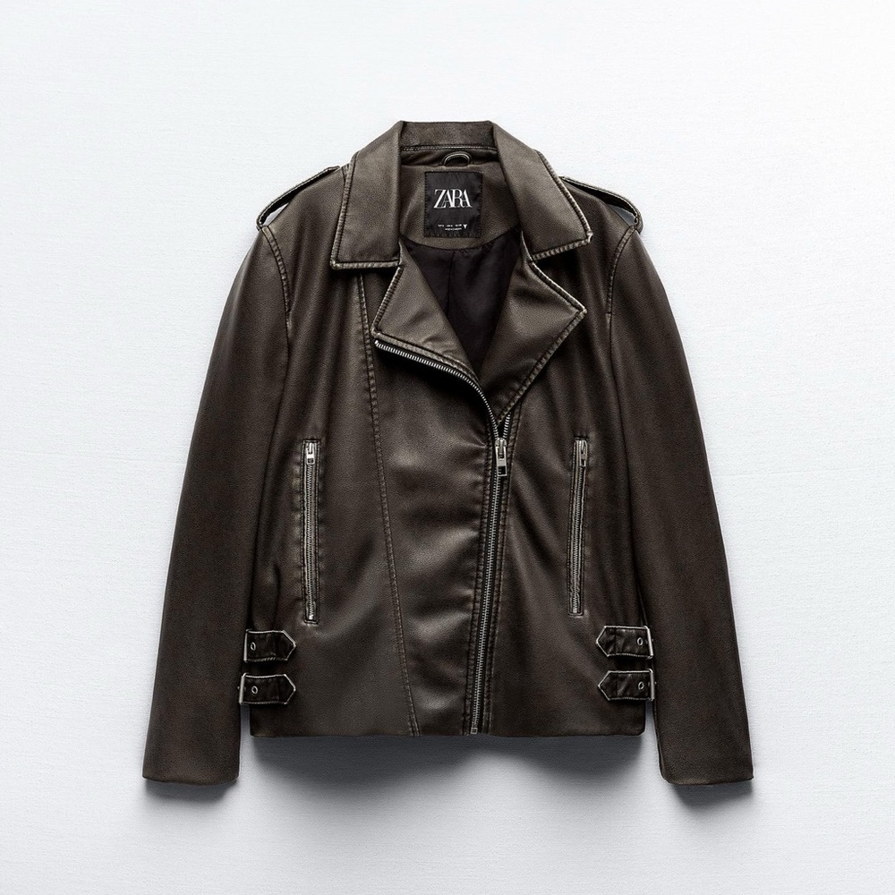 Zara Dark Brown Distressed Faux Leather Jacket
